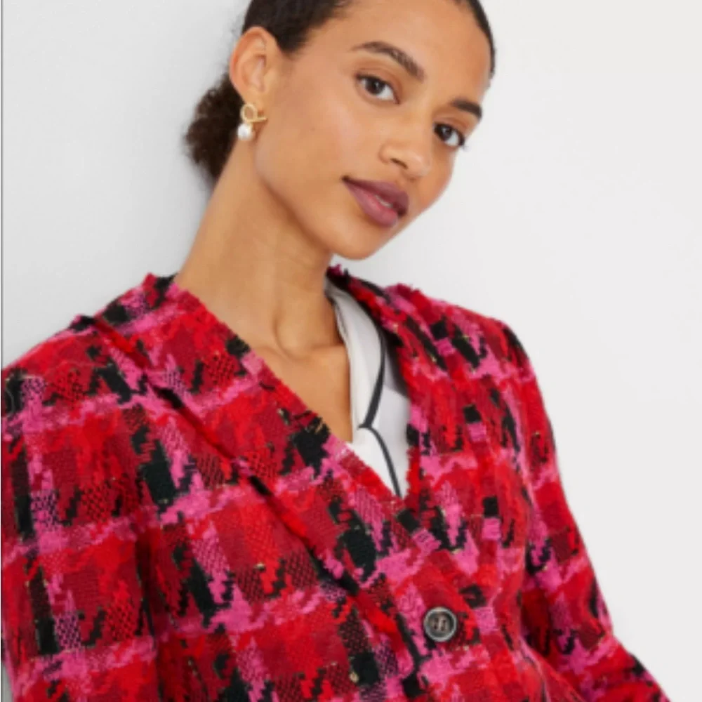 Ann Taylor Pink Multi Houndstooth Tweed Long Jacket - Like new - Picture 8 of 12